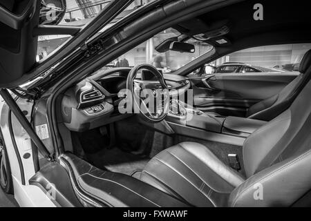 Cabin of a plug-in hybrid sports car BMW i8. Stock Photo