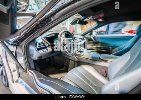 Cabin of a plug-in hybrid sports car BMW i8. Stock Photo