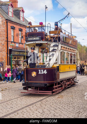 Restored open topped double decker Newcastle Tram No. 114 at Beamish Museum of Northern Life Stock Photo