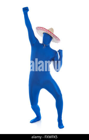 Series with a man dressed in a blue bodysuit or morphsuit.  Isolated on white background.  Good for situations where an anonymou Stock Photo