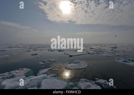 sun ad clouds reflecting in the water at Austfonna in Svalbard Stock Photo