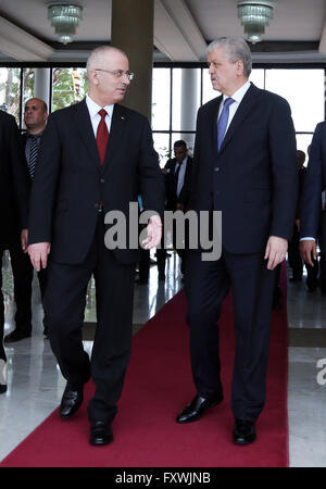 Algeria, Algeria, Algeria. 18th Apr, 2016. Palestinian Prime Minister Rami Hamdallah meets with Algerian Prime Minister Abdelmalek Sellal during his visit to Algeria, on April 18, 2016 Credit:  Prime Minister Office/APA Images/ZUMA Wire/Alamy Live News Stock Photo