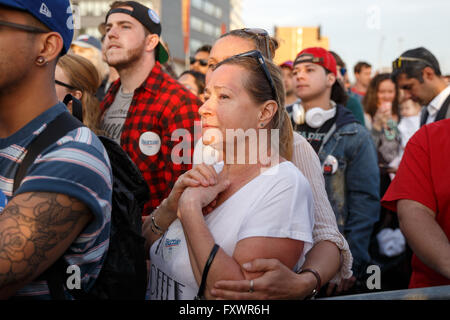 New York, USA. 18th Apr, 2016. People attend a campaign rally of Democratic Presidential Candidate Bernie Sanders on the eve of the New York primary, in Long Island, New York, the United States, April 18, 2016. New York will hold its primary on Tuesday. Credit:  Li Muzi/Xinhua/Alamy Live News Stock Photo