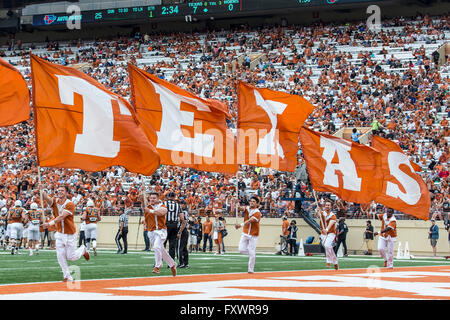 April 16, 2016: Texas Longhorns cheerleaders perform during the Orange and White Spring Game at Darrell K Royal - Texas Memorial Stadium in Austin, TX Tim Warner/CSM. Stock Photo