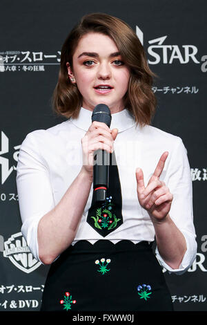 Tokyo, Japan. 19th April, 2016. British actress Maisie Williams (19) speaks during a promotional event for the TV Series Games of Thrones Season VI (The Winds of Winter) on April 19, 2016, Tokyo, Japan. The sixth season of the American fantasy drama will be released on HBO Now and HBO GO on Sunday April 24 and in Japan on April 25 through BS10 Star Channel. International media has reported that US President Barack Obama received an early copy of the sixth season from the creators, and Williams jokingly commented that this was unfair. Credit:  Rodrigo Reyes Marin/AFLO/Alamy Live News Stock Photo