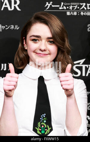 Tokyo, Japan. 19th April, 2016. British actress Maisie Williams (19) poses for the cameras during a promotional event for the TV Series Games of Thrones Season VI (The Winds of Winter) on April 19, 2016, Tokyo, Japan. The sixth season of the American fantasy drama will be released on HBO Now and HBO GO on Sunday April 24 and in Japan on April 25 through BS10 Star Channel. International media has reported that US President Barack Obama received an early copy of the sixth season from the creators, and Williams jokingly commented that this was unfair. Credit:  Rodrigo Reyes Marin/AFLO/Alamy Live  Stock Photo