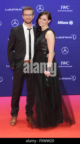 Berlin, Germany. 18th Apr, 2016. Austrian alpine ski racer Anna Fenninger (R) and her husband Manuel Veith arrive to the Laureus Sport Awards in Berlin, Germany, 18 April 2016. The awards were presented for the 17th time. Photo: JOERG CARSTENSEN/dpa/Alamy Live News Stock Photo