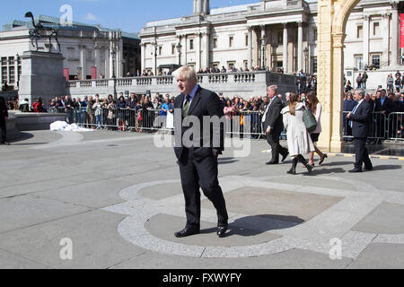 London, UK. 19th April 2016. London Mayor Boris Johnson attends the official unveiling of the 3D  Arch of Triumph replica in Palmyra in Trafalgar Square. The original Arch of triumph was destroyed by Islamic militants in Syria Credit:  amer ghazzal/Alamy Live News Stock Photo