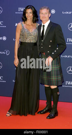 Berlin, Germany. 18th Apr, 2016. Former British race driver David Coulthard and girlfriend Karen Minier arriving for the ceremony of Laureus Sport Awards in Berlin, Germany, 18 April 2016. PHOTO: JOERG CARSTENSEN/dpa/Alamy Live News Stock Photo