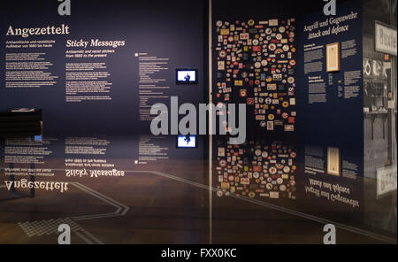 Berlin, Germany. 19th Apr, 2016. View of the exhibition 'Angezettelt - Anti-Semitic and Racist Stickers from 1880 Until Today' in Berlin, Germany, 19 April 2016. The exhibition can be seen from 20 April until 31 July 2016 at the German Historical Museum. PHOTO: SOPHIA KEMBOWSKI/dpa/Alamy Live News Stock Photo