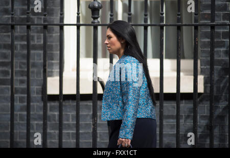 10 Downing Street, London, UK. 19th April, 2016. Minister of State for Employment Priti Patel MP leaves Downing Street after weekly Cabinet Meeting. In November 2017 she resigned as Secretary of State for International Development following newspaper disclosures. Credit: Malcolm Park/Alamy Live News. Stock Photo
