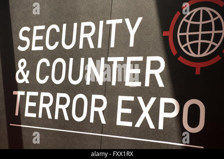 London, UK. 19th April, 2016. Security & Counter Terrorism expo, signage Credit:  Ian Davidson/Alamy Live News Stock Photo