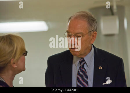 Washington DC, USA. 19th April, 2016. Senator Charles 'Chuck' Grassley, R-IA talks to a reporter about his decision not to hold Senate Confirmation hearings for Supreme Court Justice nominee Merrick Garland. Grassley is the Senate Justice Committee Chairman. Credit:  Patsy Lynch/Alamy Live News Stock Photo