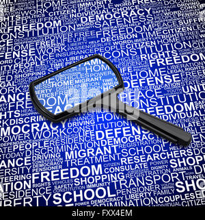 Old magnifier rectangular with a background concept word cloud of human rights Stock Photo