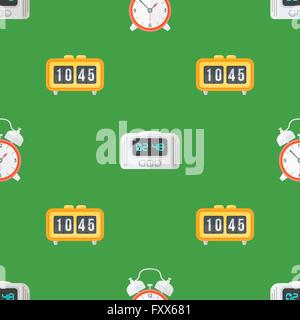 vector colorful flat design various retro flip clock alarm bell clock electric alarm clock deco seamless pattern green backgroun Stock Vector