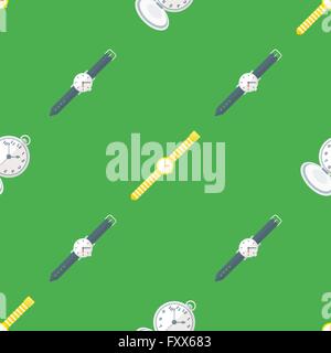 vector colorful flat design various clock hand men's women's mechanical watches retro pocket watches deco seamless pattern green Stock Vector