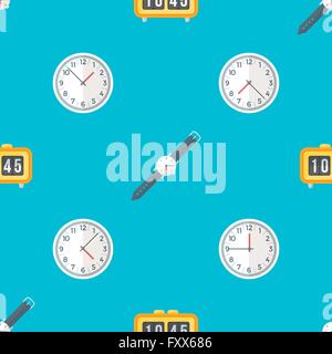 vector colorful flat design various clock men's watches flip watch wall watch deco seamless pattern blue background Stock Vector
