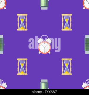 vector colorful flat design various clock sand watch retro alarm bell watches binary hand watches deco seamless pattern violet b Stock Vector