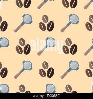 vector colorful flat design various brown coffee beans portafilter device deco seamless pattern beige background Stock Vector