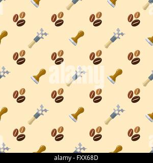 vector colorful flat design various brown coffee beans tamper barista wrench multitool device deco seamless pattern beige backgr Stock Vector