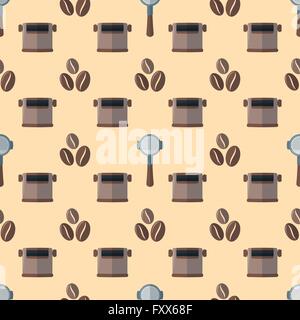 vector colorful flat design various brown coffee beans portafilter device knock box deco seamless pattern beige background Stock Vector