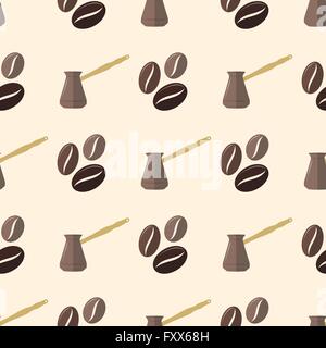 vector colorful flat design various brown coffee beans turk pot deco seamless pattern beige background Stock Vector