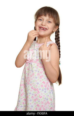 lost tooth girl child portrait having fun, studio shoot isolated on white background Stock Photo