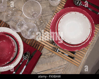 Picnic outdoor table setting demo and display in home and garden trade show Stock Photo