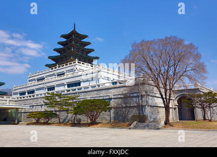 Five storey pagoda by the National Folk Museum at Gyeongbokgung Palace in Seoul, Korea Stock Photo