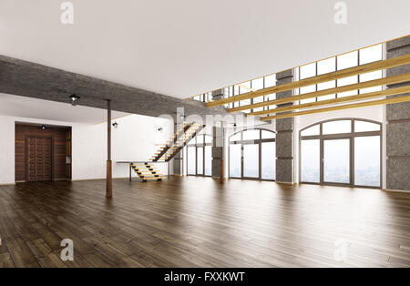 Empty interior of loft apartment living room hall staircase 3d rendering Stock Photo