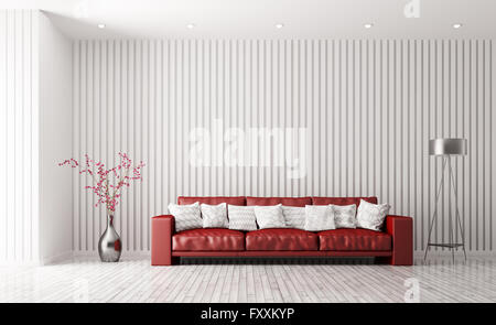 Modern interior of white living room with red sofa, floor lamp and plant 3d rendering Stock Photo