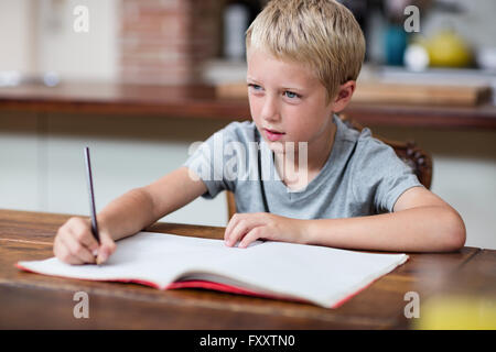 Boy doing homework in kitchen Stock Photo