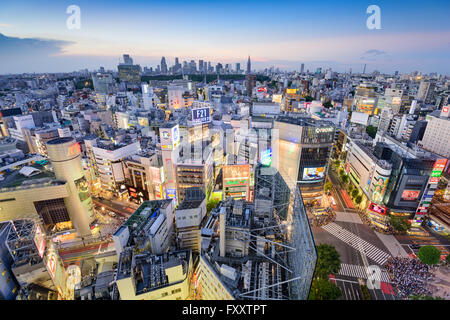 The Shibuya skyline at twilight in Tokyo, Japan. Stock Photo