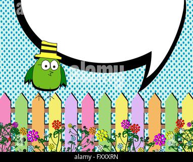 Birds with bubbles speech and garden fence nature Stock Vector