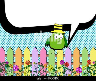 Birds with bubbles speech and garden fence nature Stock Vector