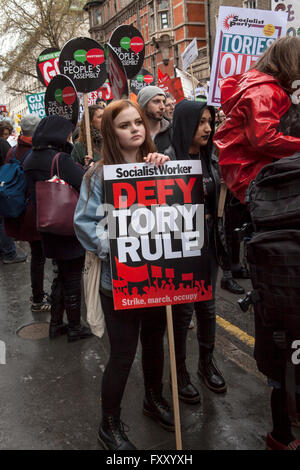 London, United Kingdom - April 16, 2016: Anti-Austerity March. One report had one hundred and fifty thousand people marching in Stock Photo