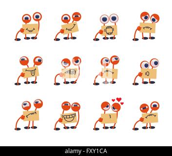 Funny cute monster emoticons set. Big-eyed, one-armed funny monster shows its emotions using drawn mouth. Stock Vector