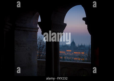 Sunrise and panoramic views from Fisherman's Bastion, Budapest, Hungary. Stock Photo