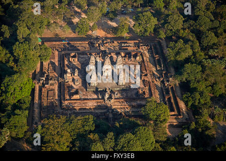 East Mebon temple ruins (dating from 953), Angkor World Heritage Site, Siem Reap, Cambodia - aerial Stock Photo