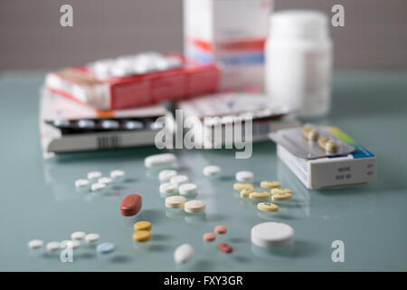 Pills and Packaging horizontal and slightly darker Stock Photo