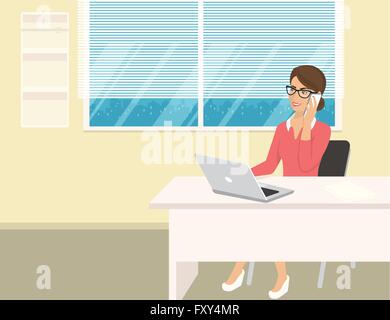Business woman wearing rose shirt sitting in the office and talking by cellphone Stock Vector