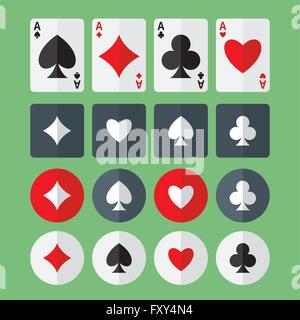 Four aces playing cards and suits flat icons Stock Vector