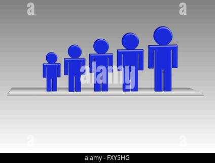 Graph of five blue persons  lined up from smallest to largest are standing on a transparent mat. Stock Vector
