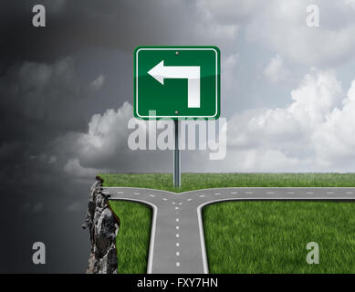 Bad business advice concept as a path with a 3D illustration fork in the road falsely guiding off a cliff as a metaphor for incompetent or fraudulent financial consultation or mismanagement direction. Stock Photo