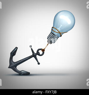 Idea trouble concept as a light bulb pulling a heavy anchor as a creative struggle and problem metaphor for overcoming thinking Stock Photo