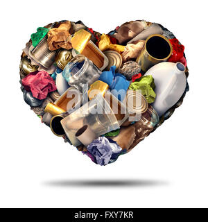 Recycle heart recycling symbol and reuse of scrap metal plastic and paper concept as an illustration on a white background as an icon for the love of conservation. Stock Photo