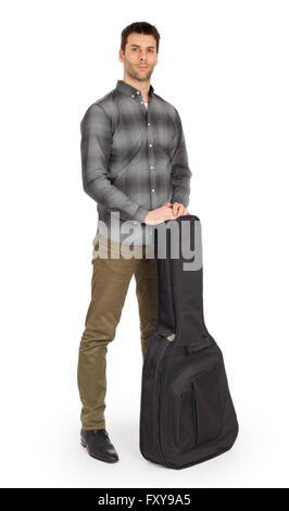 Musican with acoustic guitar in bag isolated on white Stock Photo