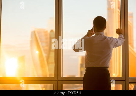 Rear view of handsome young businessman standing in confident pose at window in his office and talking on mobile phone Stock Photo
