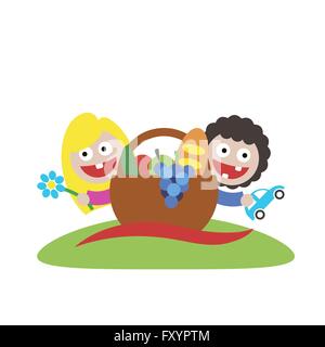 family picnic boy and girl art logo. vector illustration Stock Vector