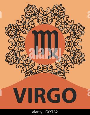 Zodiac sign Virgo. Abstract zodiac sign for talismans, textile prints, tattoo vector illustration on ornamental round lace pattern. Abstract vector tribal ethnic western zodiac star sign on ornate background. Stock Vector